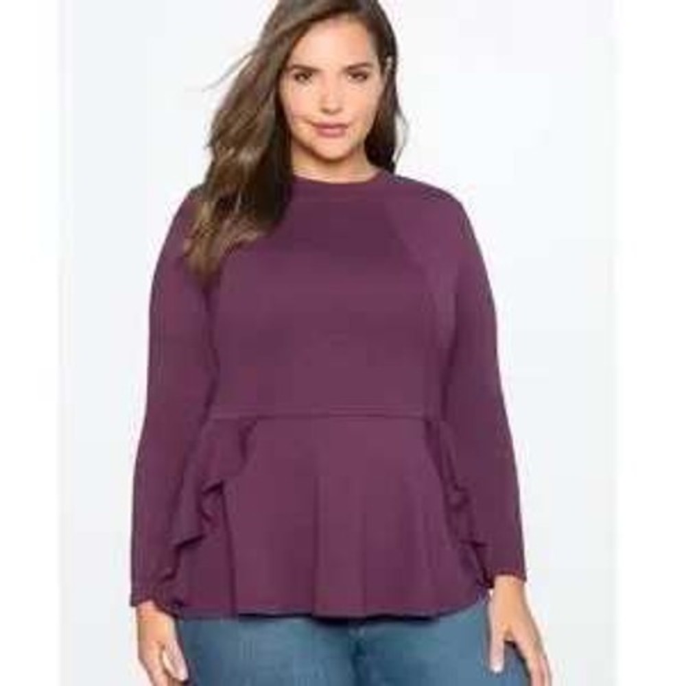 Eloquii 20W Plus Plum Wine Purple Peplum Long Sleeve Knit Top Fit and Flare